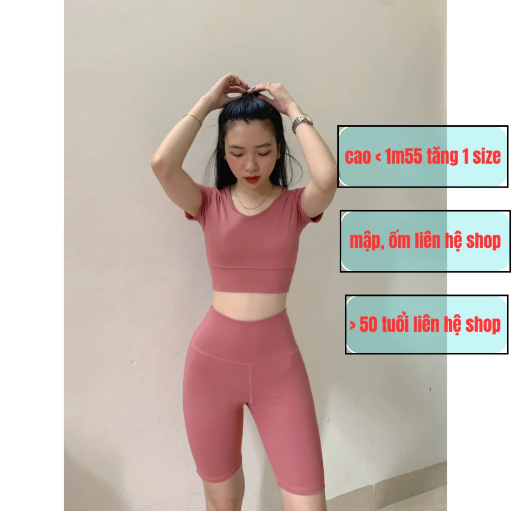 Set tập gym nữ áo croptop ngắn tay kết hợp quần lửng thể thao tập gym yoga aerobic vải thun lạnh 4 chiều của easy.store8