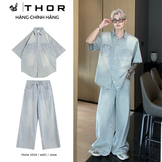 Set jeans unisex THOR gồm áo sơmi tay ngắn và quần jean ống rộng Wana bộ đồ bò form suống rộng cao cấp