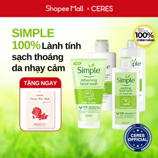 Combo Simple Sữa Rửa Mặt Gel + Nước Tẩy Trang Simple, Toner Hoa Hồng Dưỡng Da Cấp Ẩm Chính Hãng