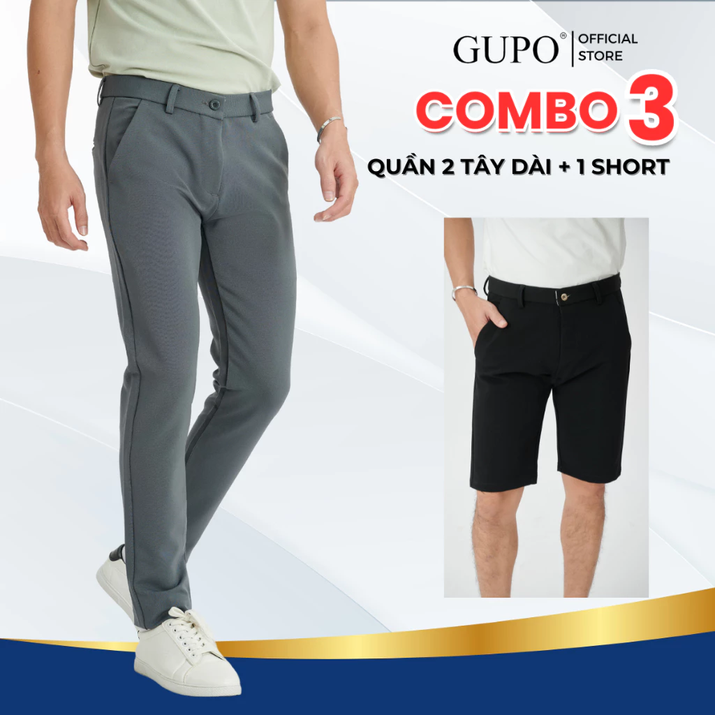 [Combo 3] 2 Quần Tây Dài Nam Slimfit Ống Côn Cotton GUPO Local Brand 1 Short Tây Âu Co Giãn 4 Chiều