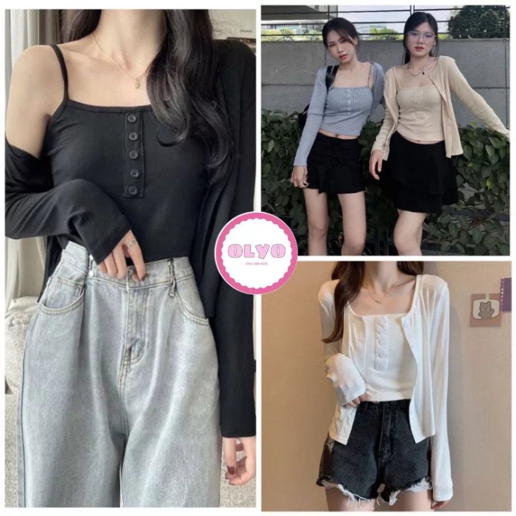 Sét áo 2 dây kèm áo khoác candigan cúc ngực chất thun tăm