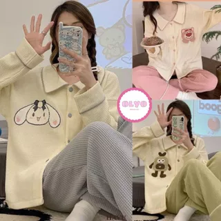 Bộ pijama cho nữ tay dài chất TỔ ONG in hoạt hình - Đồ bộ mặc nhà chất tổ ong tay dài quần dài cute