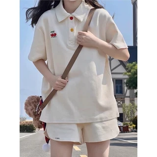 Bộ thun polo Cherry nữ [FREESHIP] Set đồ cotton dày form rộng áo kiểu mix quần sooc đùi bánh bèo cá tính ulzzang