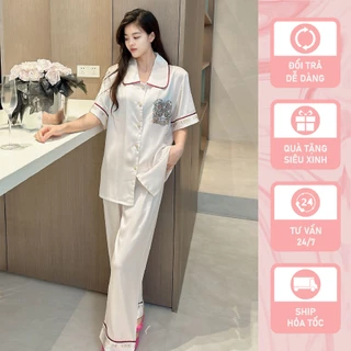 Đồ bộ ngủ nữ Pyjama lụa băng Shury Store tay ngắn quần dài mặc nhà , mặc ngủ TN21 có size 45-75 kg phong cách Hàn Quốc