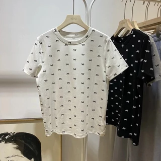 Áo Thun Nơ In Kín, Áo Phông Chất Cotton Dày Dặn, Ôm Body Co Dãn 4 Chiều, Basic