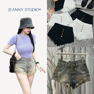 Quần short jean nữ Jeanny Studio 4 cúc rách tua rua size S M L | 2042