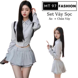 Set áo sơ mi kẻ sọc dài tay kèm quần váy xếp ly MT97 FASHION Set đồ nữ sang chảnh đi học đi chơi hottrend Douyin