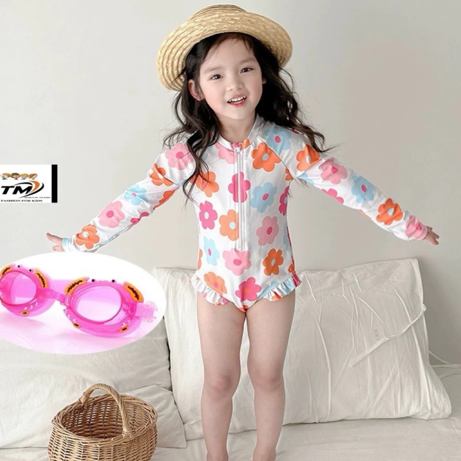 Bộ Bơi Bé Gái Bikini Liền Thân Tay Dài Họa Tiết Hoa Sắc Màu Có Khóa Kéo Dành Cho Bé Từ  8-30kg Miuly Kids