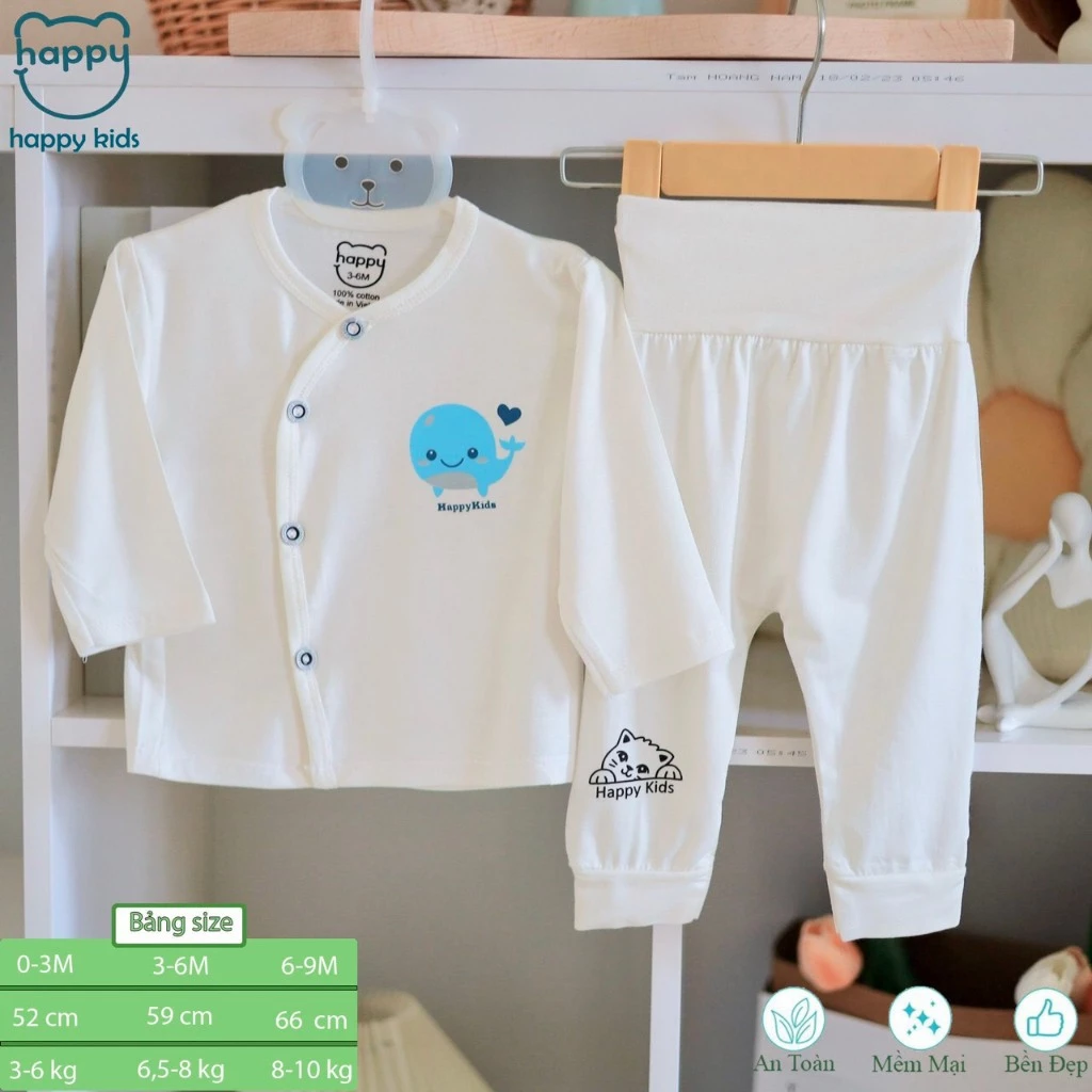 BD1. Bộ sơ sinh dài tay cạp cao Happy Kids chất liệu thun lạnh mềm mịn mỏng mát cho bé từ 3 - 8kg