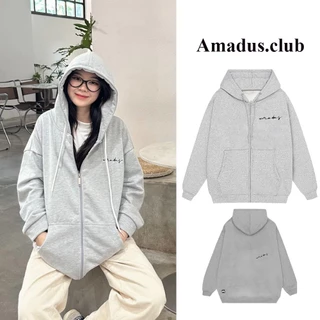 Áo Hoodie Zip Thêu Chữ Ký AMADUS Form Rộng Nam Nữ Unisex , Áo Khoác Nỉ Xám TIêu Mũ Rộng 2 Lớp