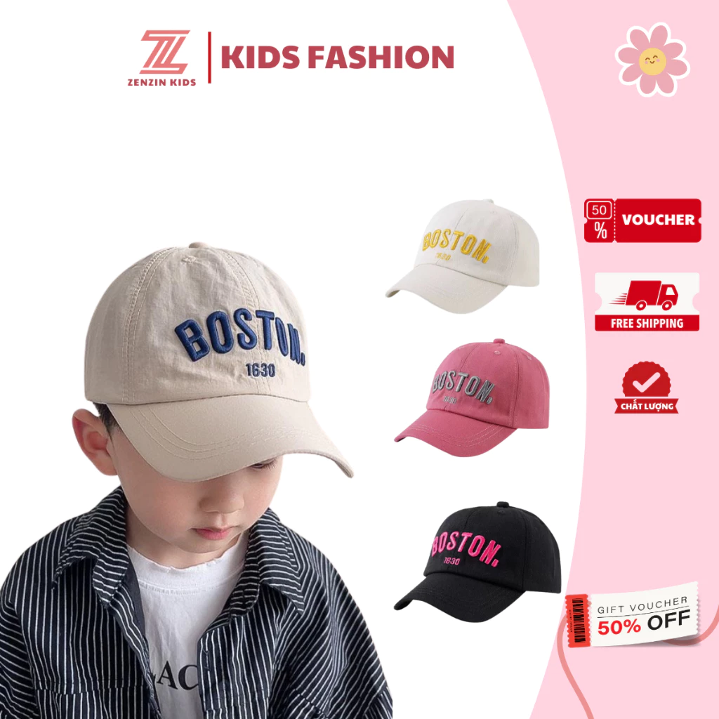 Mũ lưỡi trai trẻ em từ 3-10 tuổi ZENZIN KIDS cho bé trai và bé gái thêu chữ Boston, mũ cho bé thời trang cá tính