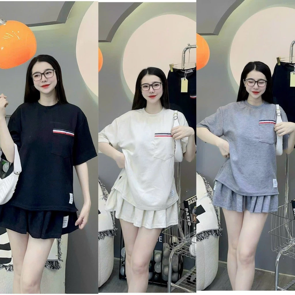 Set Bộ Đồ Nữ Thome Áo Vạt Viền Sọc Có Túi Ngực Chất Cotton Kèm Chân Váy Xếp Ly Có Quần Bảo Hộ