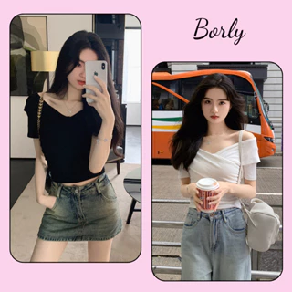 Áo croptop BORLY kiểu trễ vai nữ cổ V hở vai, áo crt tay ngắn thời trang mùa hè cotton trơn mịn mềm mát_FG068