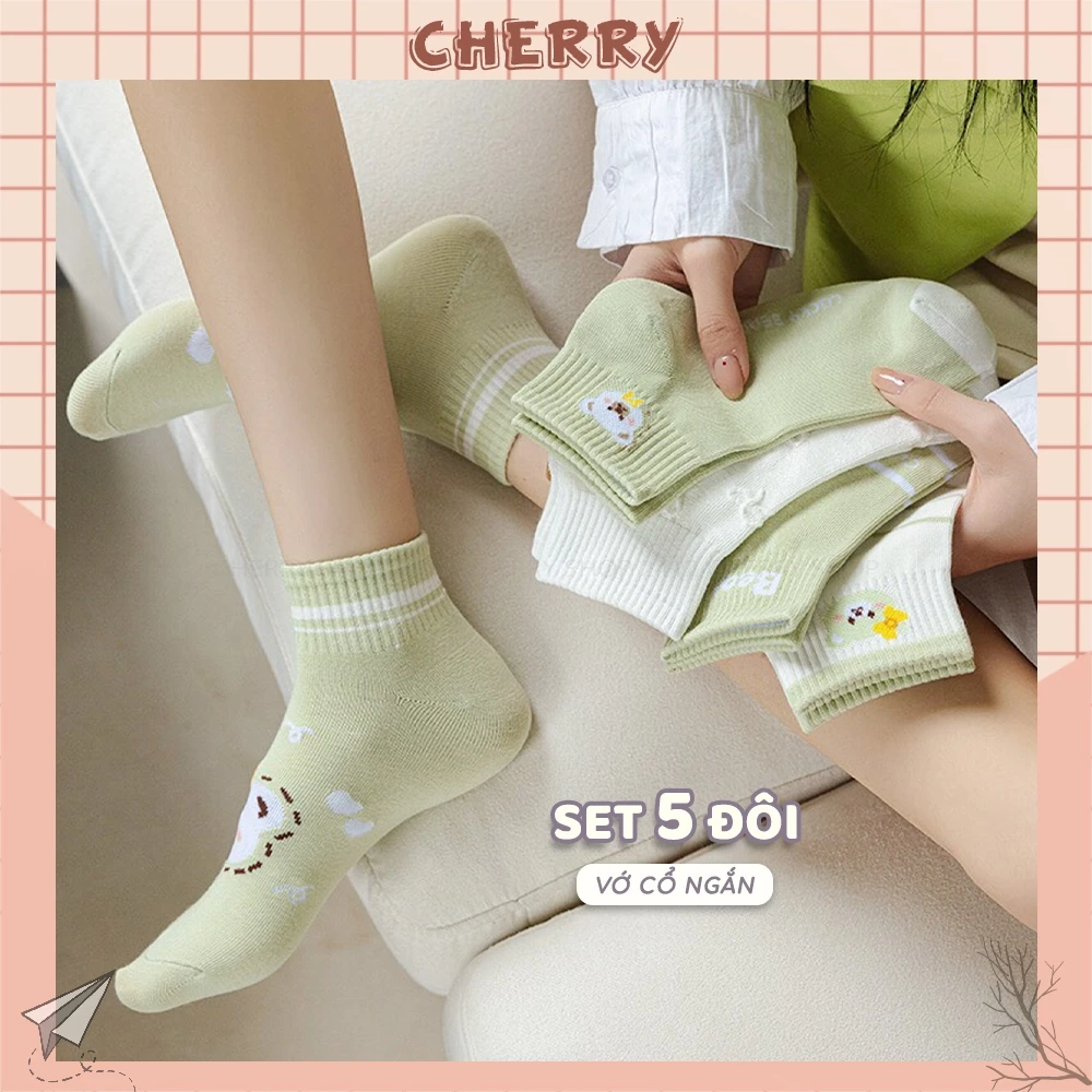 Tất cổ ngắn nữ chất liệu cotton, họa tiết thêu dễ thương - Cherry Shop