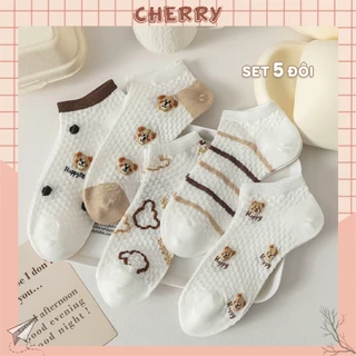 Tất vớ nữ cổ ngắn chất liệu cotton, họa tiết thêu dễ thương dễ phối đồ - Cherry Shop