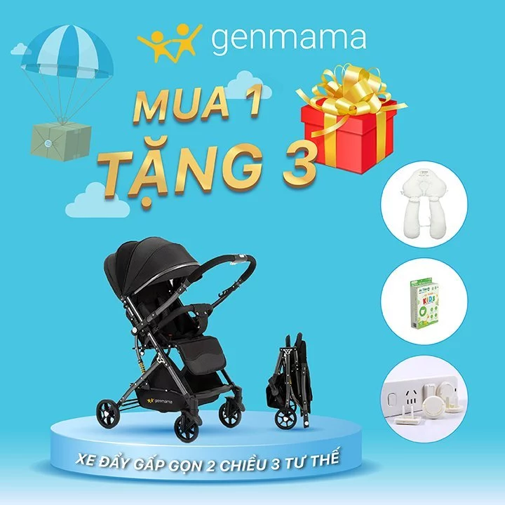 Xe đẩy 2 chiều Genmama có thể gấp gọn cho bé, xe nôi cho bé đa tư thế, có bánh xe và phanh