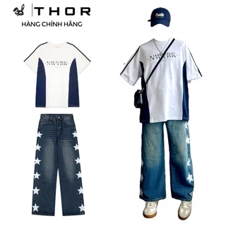 Set unisex THOR gồm áo thun Treshi trắng và quần jean thêu hình sao bộ đồ áo phông quần bò form suông rộng cao cấp