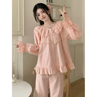 [SẴN] BN116_ Bộ ngủ nữ, bộ đồ pijama  cotton dài tay màu hồng phối ren bèo | Hàng quảng châu cao cấp