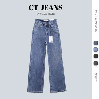 Quần jean ống rộng nữ cạp khuy lệch dáng dài chất vải co giãn 4 chiều CP81, CT JEANS