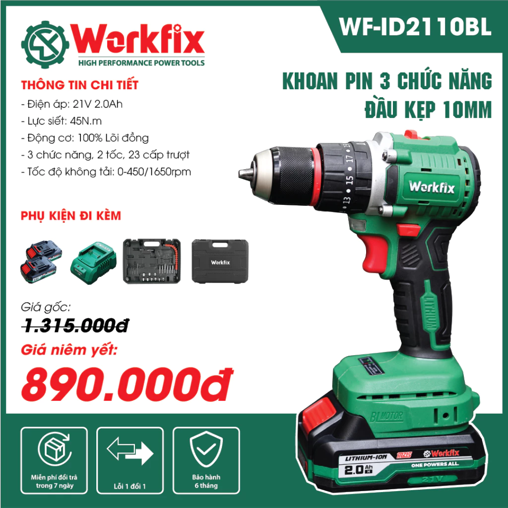 Máy khoan pin WORKFIX 21V WF-ID2110BL động cơ KHÔNG CHỔI THAN - tặng kèm bộ phụ kiện 24 chi tiết