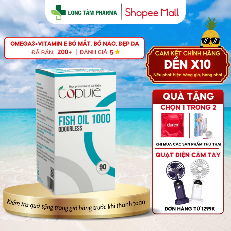 Dầu cá Omega 3 bổ mắt tốt cho tim mạch TOPVIE FISHOIL 1000 ODOURLESS lọ 30 viên, 90 viên