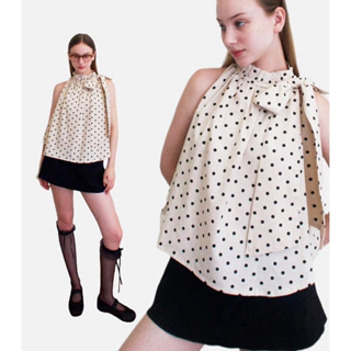 Polka Dot Shirt- Áo chấm bi cột nơ màu be