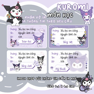 Nhãn vở KUROMI MÔN HỌC, in thông tin theo yêu cầu (từ lớp 1 - đến lớp 12)