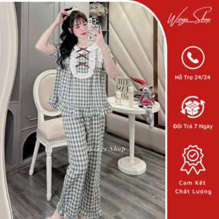 Bộ Đồ Ngủ Nữ Mặc Nhà , Đồ Bộ Babydoll Kẻ 3 Nơ Bánh Bèo Đủ Màu Xinh Yêu Quần Dài Áo Cộc - Wings Shop