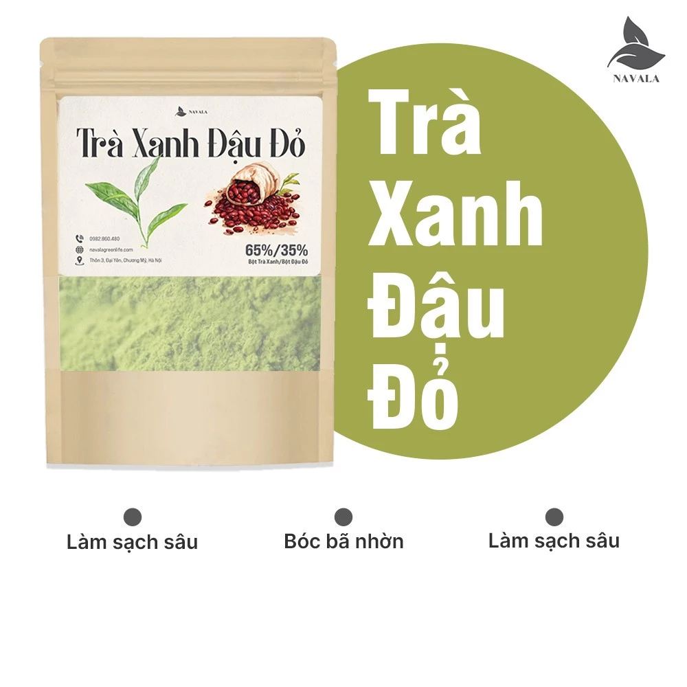 Bột trà xanh đậu đỏ hữu cơ NAVALA nguyên chất sạch mịn - Mặt nạ bột giúp bóc bã nhờn Dưỡng trắng Làm sạch sâu