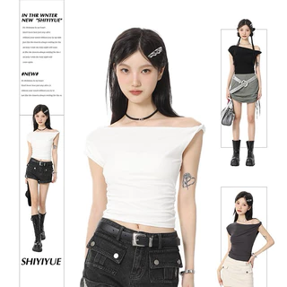 Áo thun lệch trễ vai babytee dáng ôm croptop màu trơn basic cotton co giãn xinh y2k basic ulzzang retro