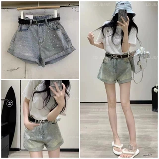 Quần short Jean Nữ Dáng Chữ A Đính Đá Kèm Dây Lưng, Quần Short Lưng Cao Ống Rộng Phong Cách Hàn Quốc N74