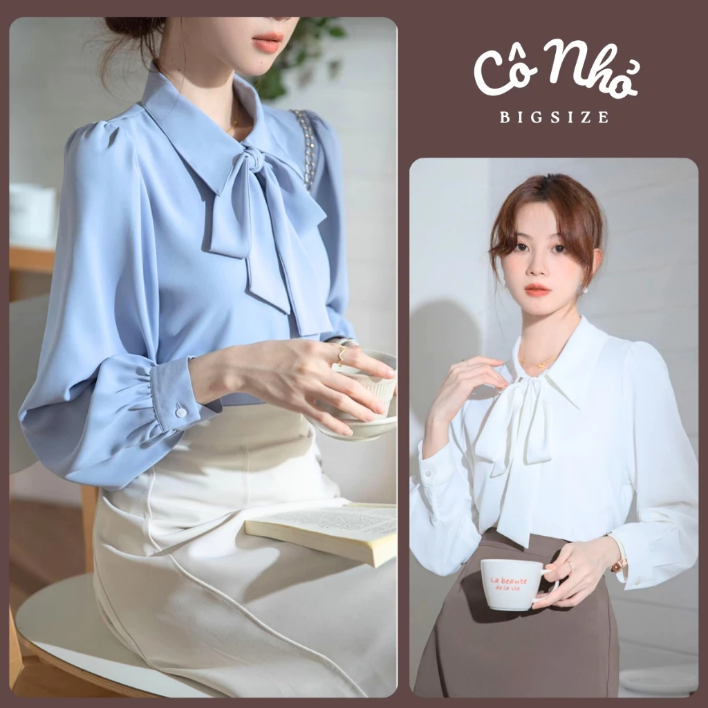Áo Sơ Mi Kiểu Bigsize Nữ Tay Dài Bo Gấu Phối Dây Thắt Nơ Thanh Lịch Thời Trang Công Sở Lụa Chéo Mềm SM16