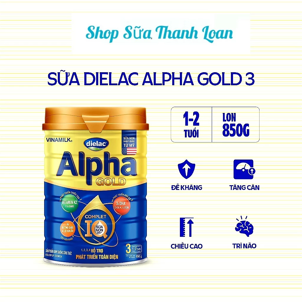 [HSD T5-2026] [Mẫu Mới] SỮA BỘT VINAMILK DIELAC ALPHA GOLD IQ 3 850G.