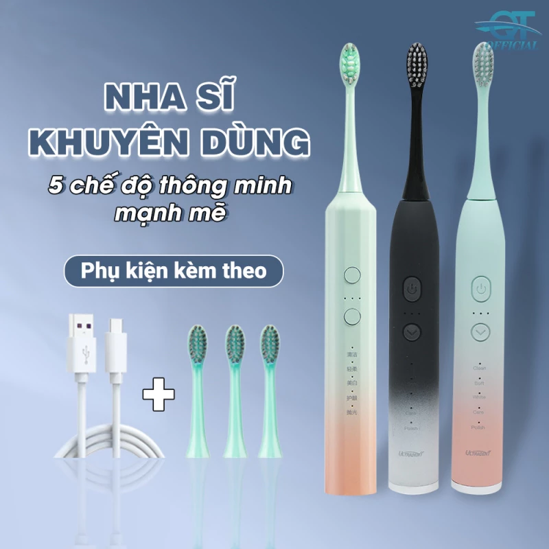 Bàn chải điện thông minh công nghệ sóng âm hiện đại sạch mảng bám với lông chải mềm mại bảo vệ răng nướu