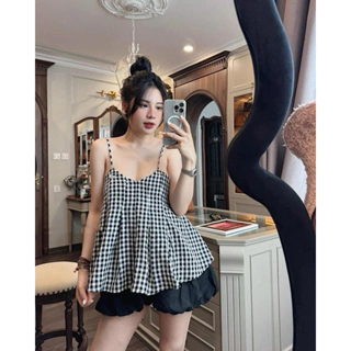 [Kim Clothing] Set bộ nữ áo caro hai dây dáng peplum xoè sẵn cúp + quần short đen tùng bí lưng thun diện hè