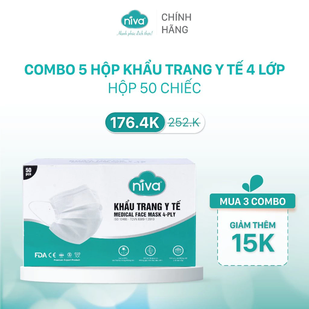 Khẩu Trang Y Tế 4 Lớp NIVA [Combo 5 Hộp]  Công Nghệ Lọc Meltblown, Lọc Khuẩn & Bụi, Bảo Vệ Tuyệt Đối, Hộp 50 Chiếc