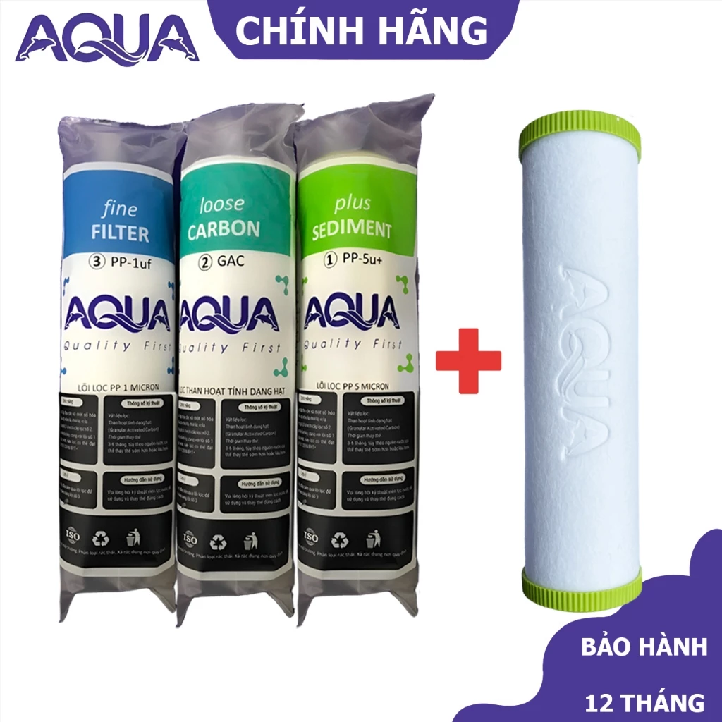 Combo 4 lõi lọc nước AQUA chính hãng - Bộ lõi lọc thô 1 2 3 máy lọc nước RO