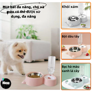 Bát ăn cho chó mèo thú cưng hai ngăn đôi có bát inox khay bình nước tự động 500ml Lapeta