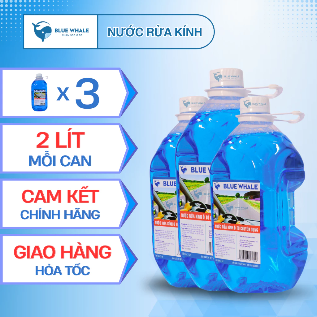 Combo 3 can nước rửa kính ô tô 2 Lít BlueWhale, xóa sạch vết bẩn trên kính lái, tạo hiệu ứng lá sen