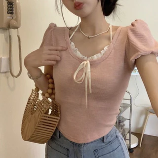 Áo thun montoghi cổ yếm tay bồng viền cổ ren đính nơ style ulzzang siêu xinh