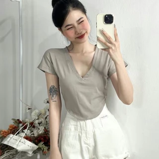 Áo CropTop Trơn Cổ Tim Vạt Bầu, Áo Thun Nữ Ôm Eo Dáng Ngắn Xuất Sịn - H08