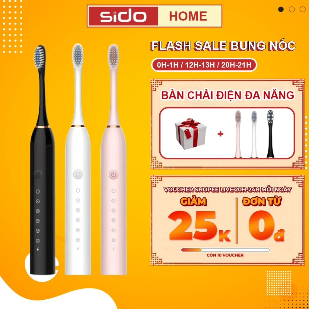 Bàn chải điện Sidohome SH02 đánh răng 6 chế độ chăm sóc máy đánh răng sạc pin sóng âm đầu chải lông mềm