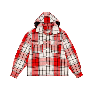 Áo Khoác Caro Flannel Boggart Local Brand Màu Đỏ Cao Cổ Có Mũ  Trùm Tháo Rời Zip Sau UnisexLưng