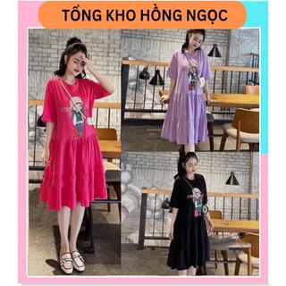 Váy bầu cộc tay dáng babydoll 3 tầng in hình cô gái thời trang, đầm bầu chất vải cotton mềm mát M122