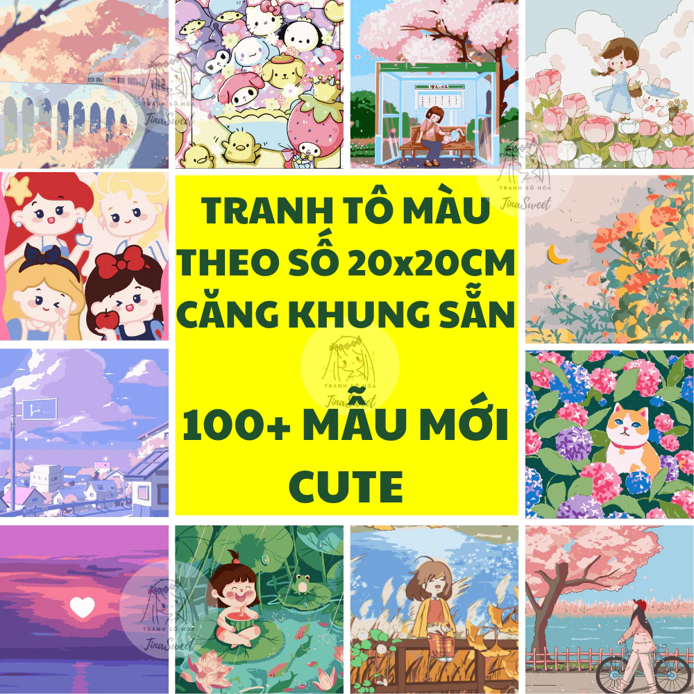 Tranh tô màu theo số cute size 20x20cm - căng khung sẵn, kèm màu, cọ vẽ, sơn bóng