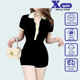 Jumpsuit đùi tay ngắn cổ trụ phối viền trắng cá tính Xquin, Jum liền quần đùi cổ polo ôm body chất thun gân dày dặn