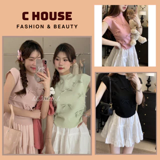 Áo thun cổ lọ tăm lạnh Đính Nơ Xinh Xắn- Áo thun croptop Cổ cao len tăm đính nơ cute Freesize<50kg C HOUSE FASHION