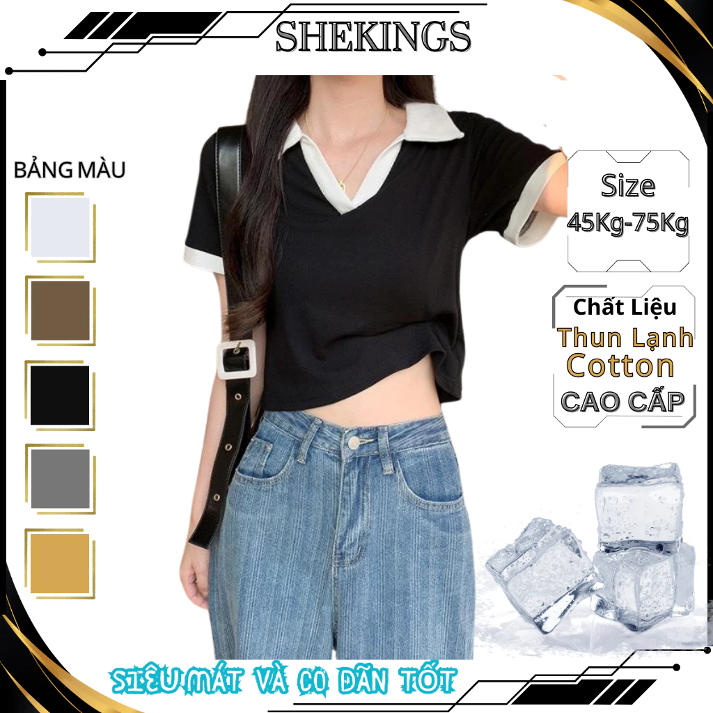 Áo Croptop Nữ,Áo Thun PoLo Cổ Bẻ chữ V SHEKINGS Chất Cotton Phối Với Chân Váy Nữ Đẹp Ms38