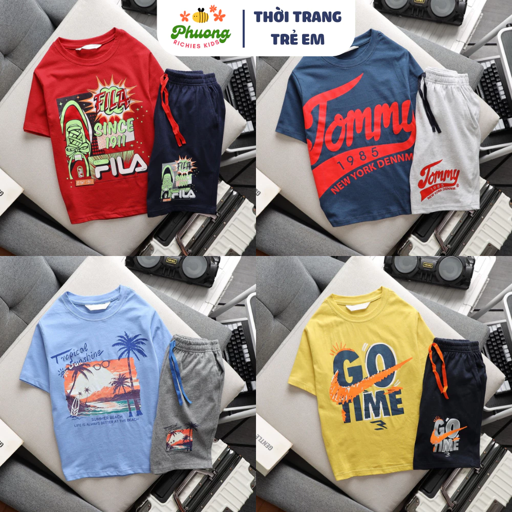 Set đồ bộ bé trai ngắn tay, chất vải cotton dày dặn thời trang thu đông, size đại 23-58kg | PHƯƠNG RICHIES KIDS