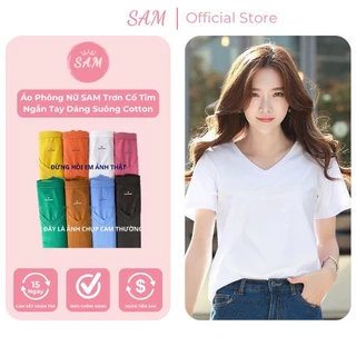 Áo phông nữ SAM trơn cổ tim ngắn tay dáng suông cotton basic đẹp cao cấp, áo thun nữ cổ V cộc tay